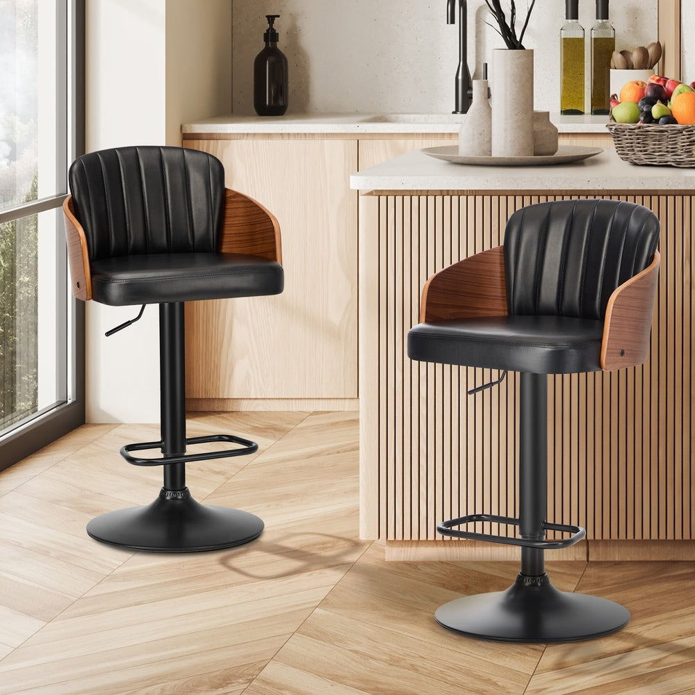 Oikiture 2x Bar Stools Swivel Counter Gas Lift Chair Leather Black-Bar Stool-PEROZ Accessories