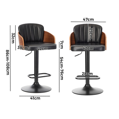 Oikiture 2x Bar Stools Swivel Counter Gas Lift Chair Leather Black-Bar Stool-PEROZ Accessories