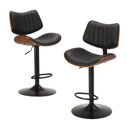 Oikiture 2x Bar Stool Kitchen Swivel Chair Wooden Leather Gas Lift Black-Bar Stool-PEROZ Accessories