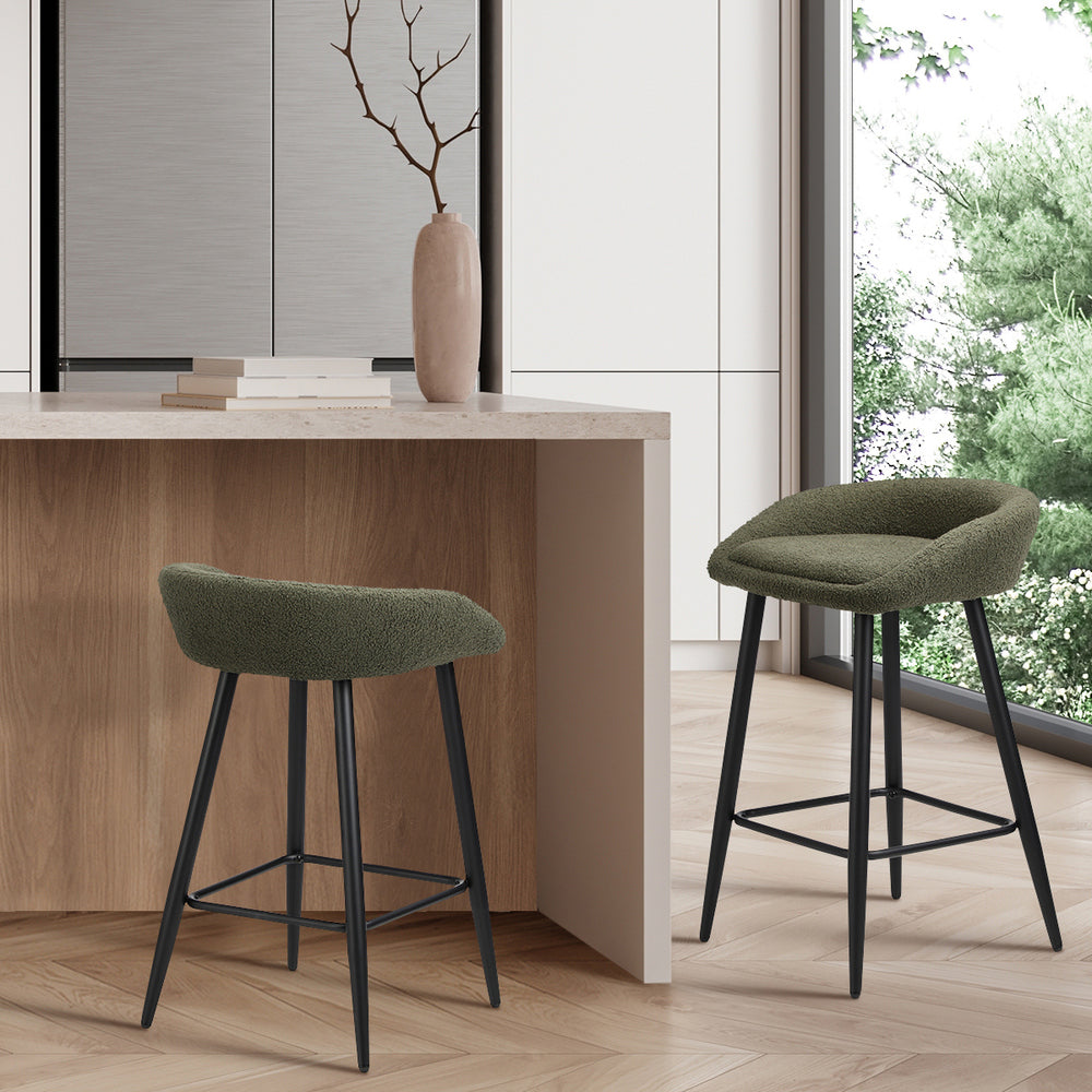 Oikiture 2PCS Bar Stools Boucle Fabric Green and Black-Bar Stool-PEROZ Accessories