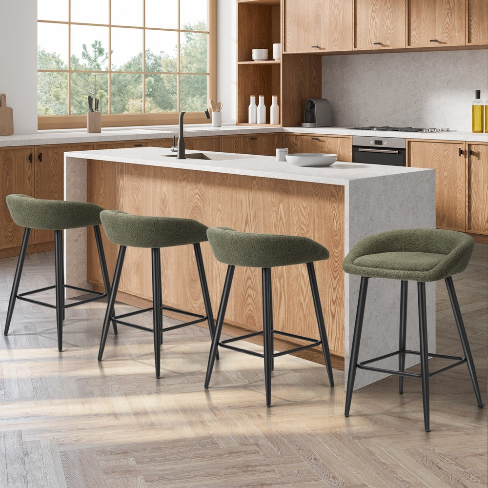 Oikiture 4PCS Bar Stools Boucle Fabric Green and Black-Bar Stool-PEROZ Accessories