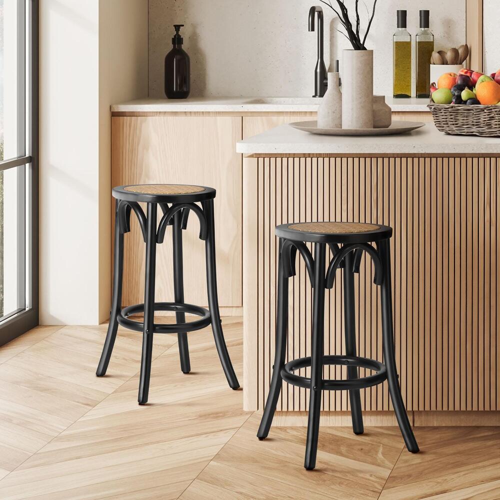 Oikiture Wooden Bar Stool 2pc Kitchen Vintage Barstool Rattan Dining Chair Black-Bar Stools-PEROZ Accessories