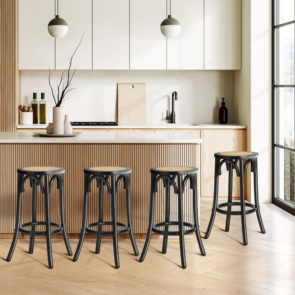 Oikiture 4x Bar Stools Dining Chair Rattan Seat Black-Bar Stools-PEROZ Accessories