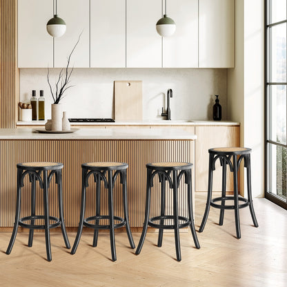 Oikiture 4x Bar Stools Dining Chair Rattan Seat Black-Bar Stools-PEROZ Accessories