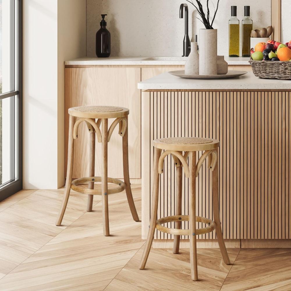 Oikiture Wooden Bar Stool 2pc Kitchen Vintage Barstool Rattan Dining Chair Wood-Bar Stools-PEROZ Accessories