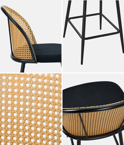 Oikiture 2x Bar Stools Rattan Dining Chair Velvet Black-Bar Stool-PEROZ Accessories