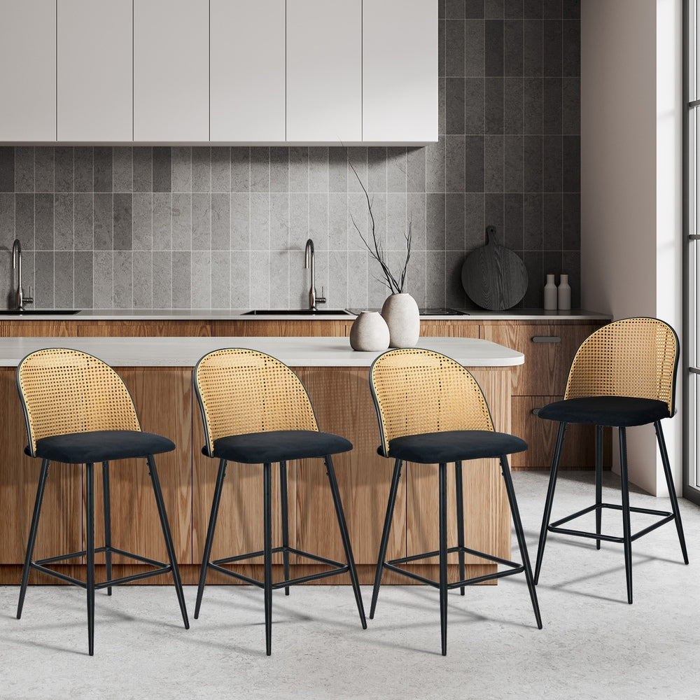 Oikiture 4x Bar Stools Rattan Dining Chair Velvet Black