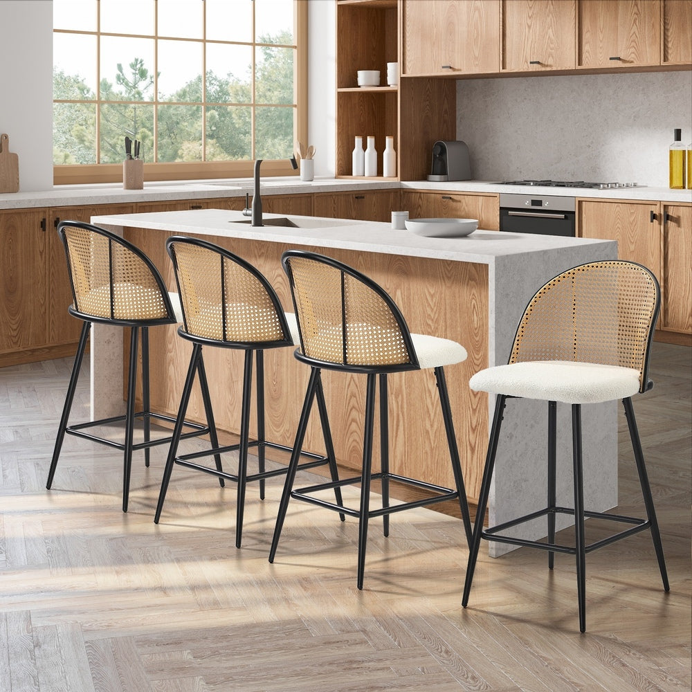 Oikiture 4x Bar Stools Kitchen Counter Stool Rattan Boucle Fabric-Bar Stool-PEROZ Accessories