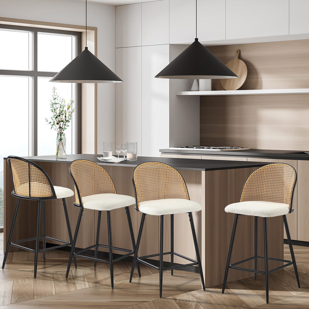 Oikiture 4x Bar Stools Kitchen Counter Stool Rattan Boucle Fabric-Bar Stool-PEROZ Accessories