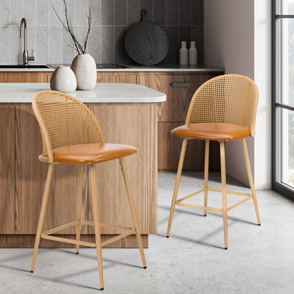 Oikiture 2x Bar Stools Rattan Dining Chair Natural PU Brown-Bar Stool-PEROZ Accessories