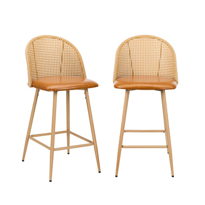 Oikiture 2x Bar Stools Rattan Dining Chair Natural PU Brown-Bar Stool-PEROZ Accessories