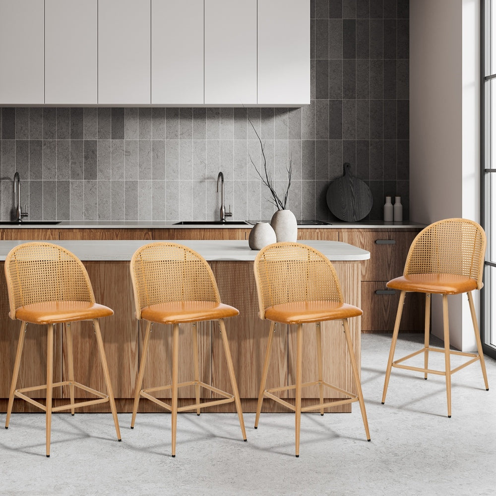 Oikiture 4x Bar Stools Rattan Dining Chair Natural PU Brown
