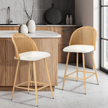 Oikiture 2x Bar Stools Rattan Dining Chair Natural Boucle White-Bar Stool-PEROZ Accessories