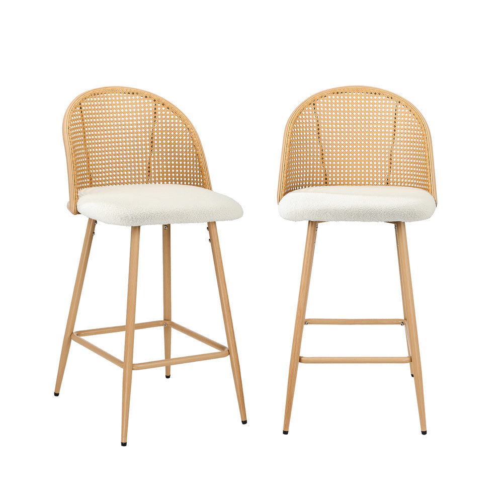 Oikiture 2x Bar Stools Rattan Dining Chair Natural Boucle White-Bar Stool-PEROZ Accessories
