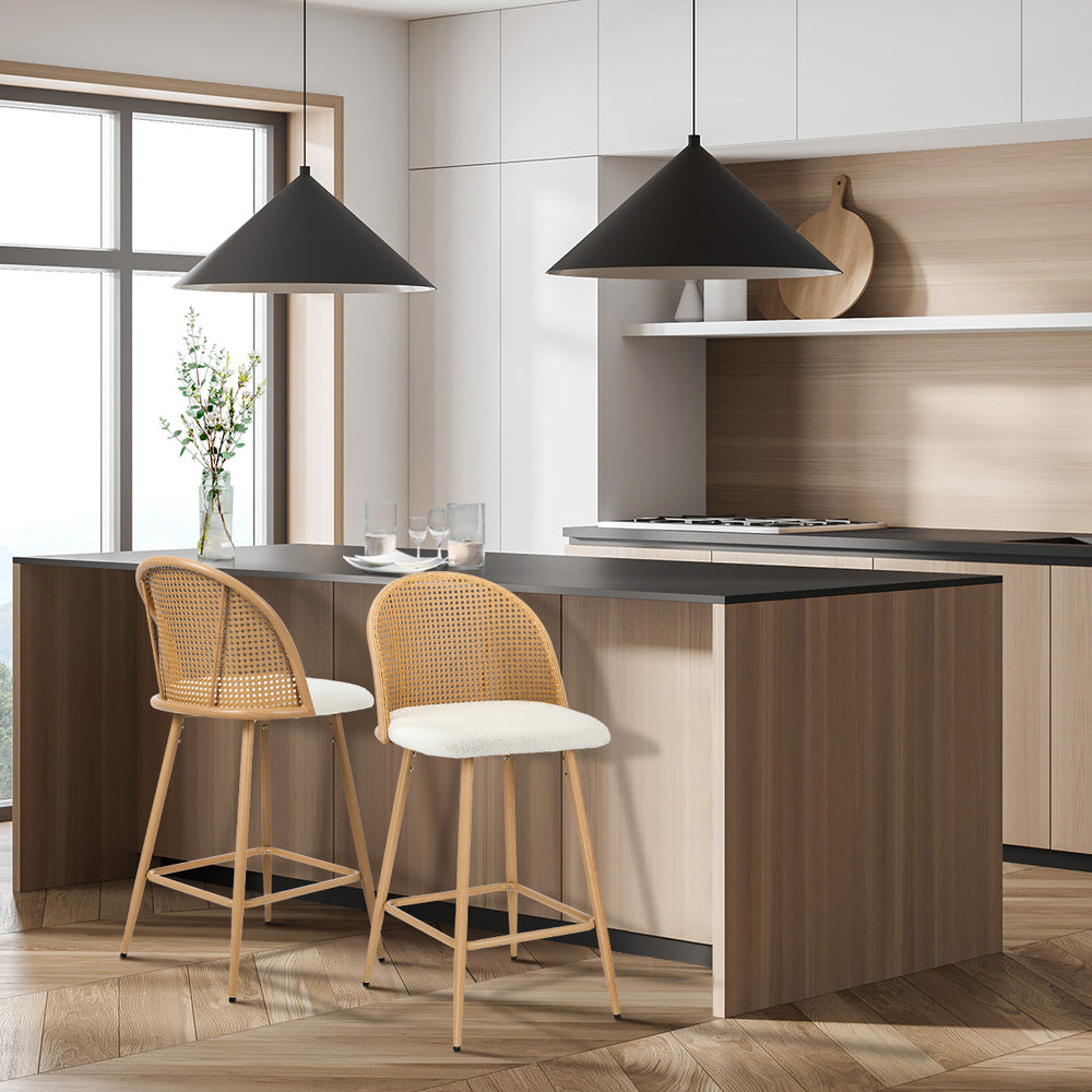 Oikiture 2x Bar Stools Rattan Dining Chair Natural Boucle White-Bar Stool-PEROZ Accessories