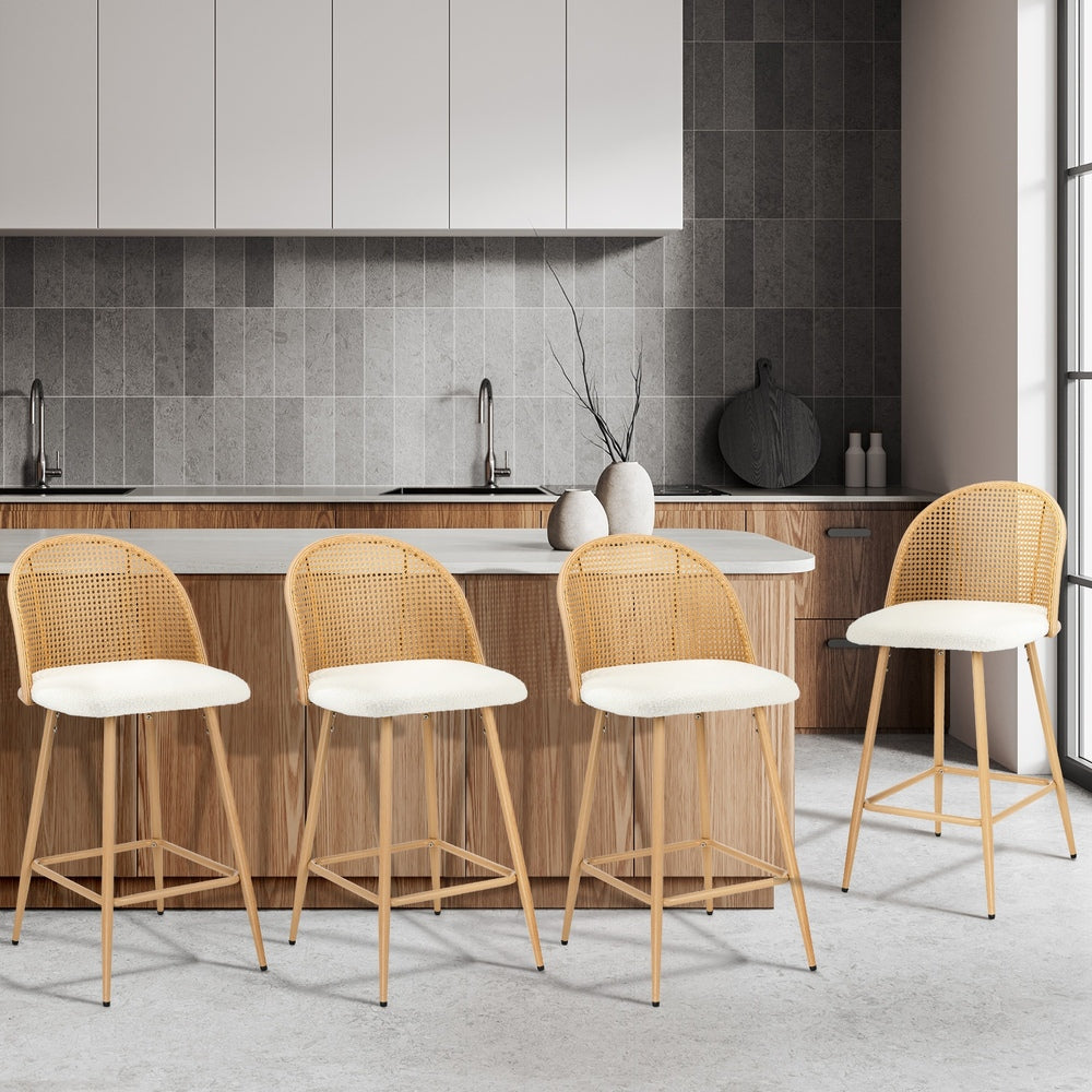Oikiture 4x Bar Stools Rattan Dining Chair Natural Boucle White-Bar Stool-PEROZ Accessories