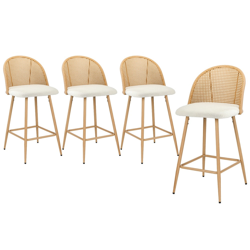 Oikiture 4x Bar Stools Rattan Dining Chair Natural Boucle White-Bar Stool-PEROZ Accessories