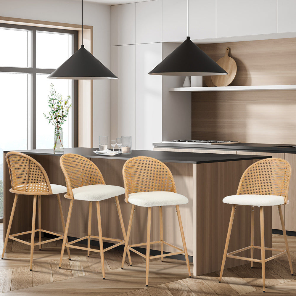 Oikiture 4x Bar Stools Rattan Dining Chair Natural Boucle White-Bar Stool-PEROZ Accessories