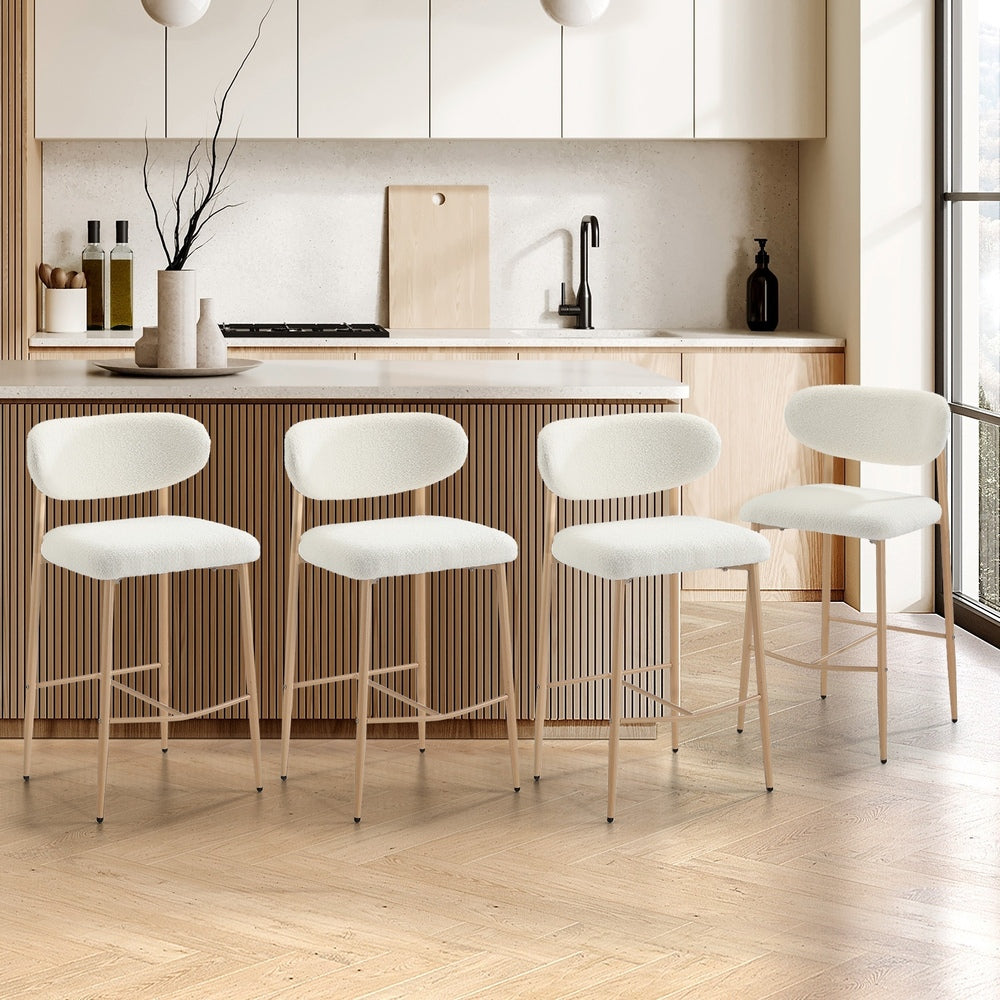 Oikiture 4x Bar Stools Boucle Fabric Natural White-Bar Stool-PEROZ Accessories