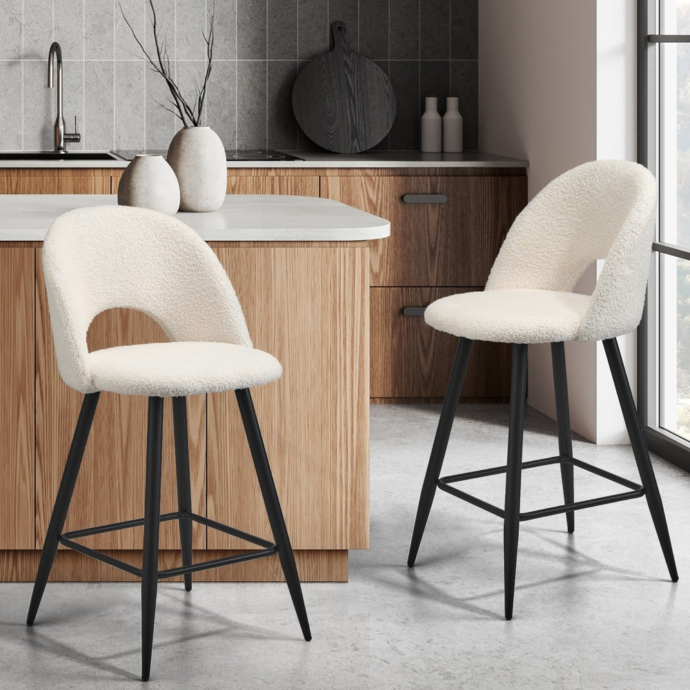 Oikiture 2x Bar Stools Kitchen Counter Stool Boucle White HORN-Bar Stool-PEROZ Accessories