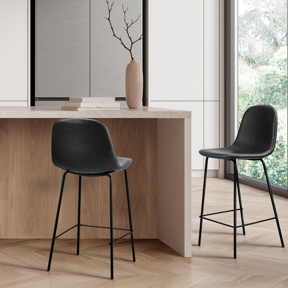 Oikiture 2x Bar Stools Kitchen Dining Chair PU Leather Black-Bar Stool-PEROZ Accessories
