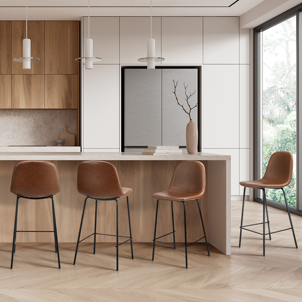 Oikiture 4x Bar Stools Kitchen Dining Chair PU Leather Brown-Bar Stool-PEROZ Accessories