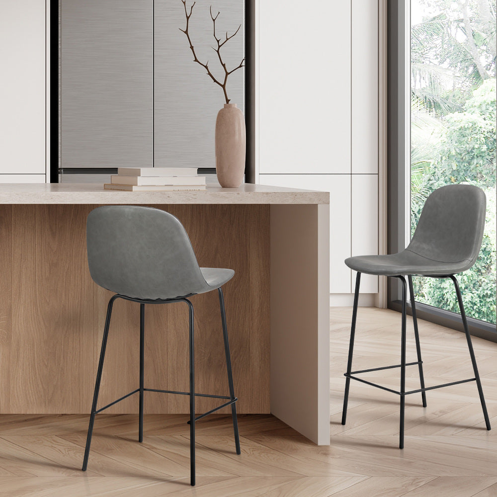 Oikiture 2x Bar Stools Kitchen Dining Chair PU Leather Grey-Bar Stool-PEROZ Accessories