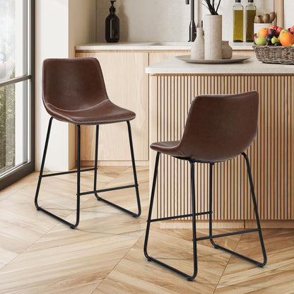 Oikiture 2x Bar Stools Leather Padded Stool Brown-Bar Stool-PEROZ Accessories
