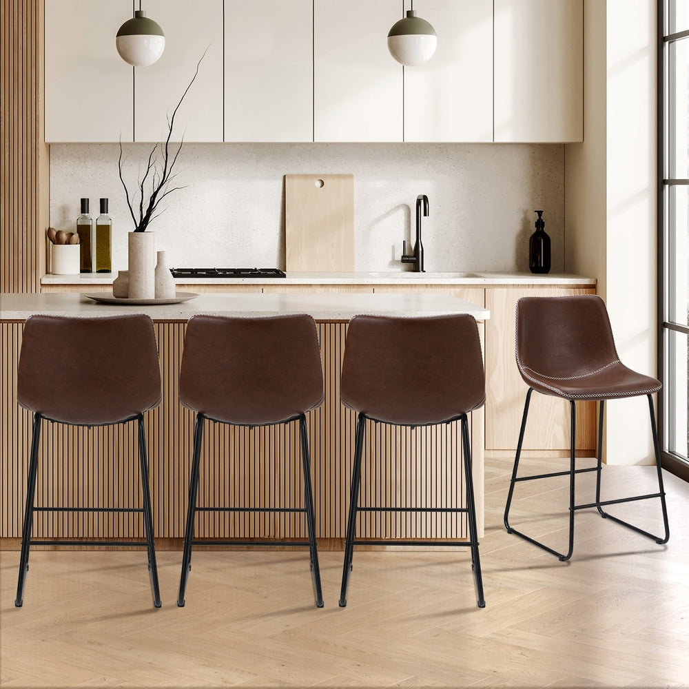 Oikiture 4X Bar Stools Leather Padded Stool Brown-Bar Stool-PEROZ Accessories