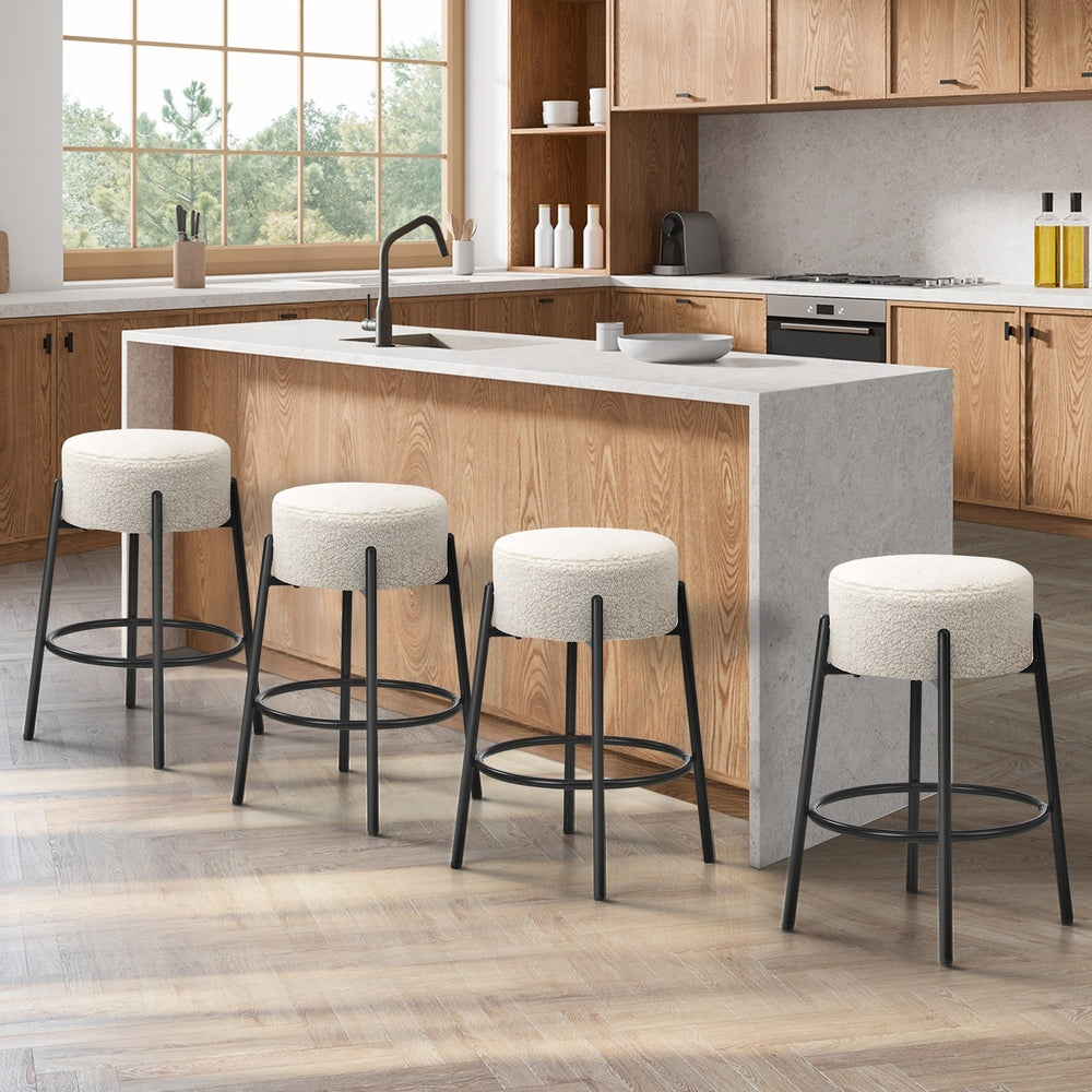 Oikiture 4x Bar Stools Kitchen Round Stool Boucle Fabric White-Bar Stool-PEROZ Accessories