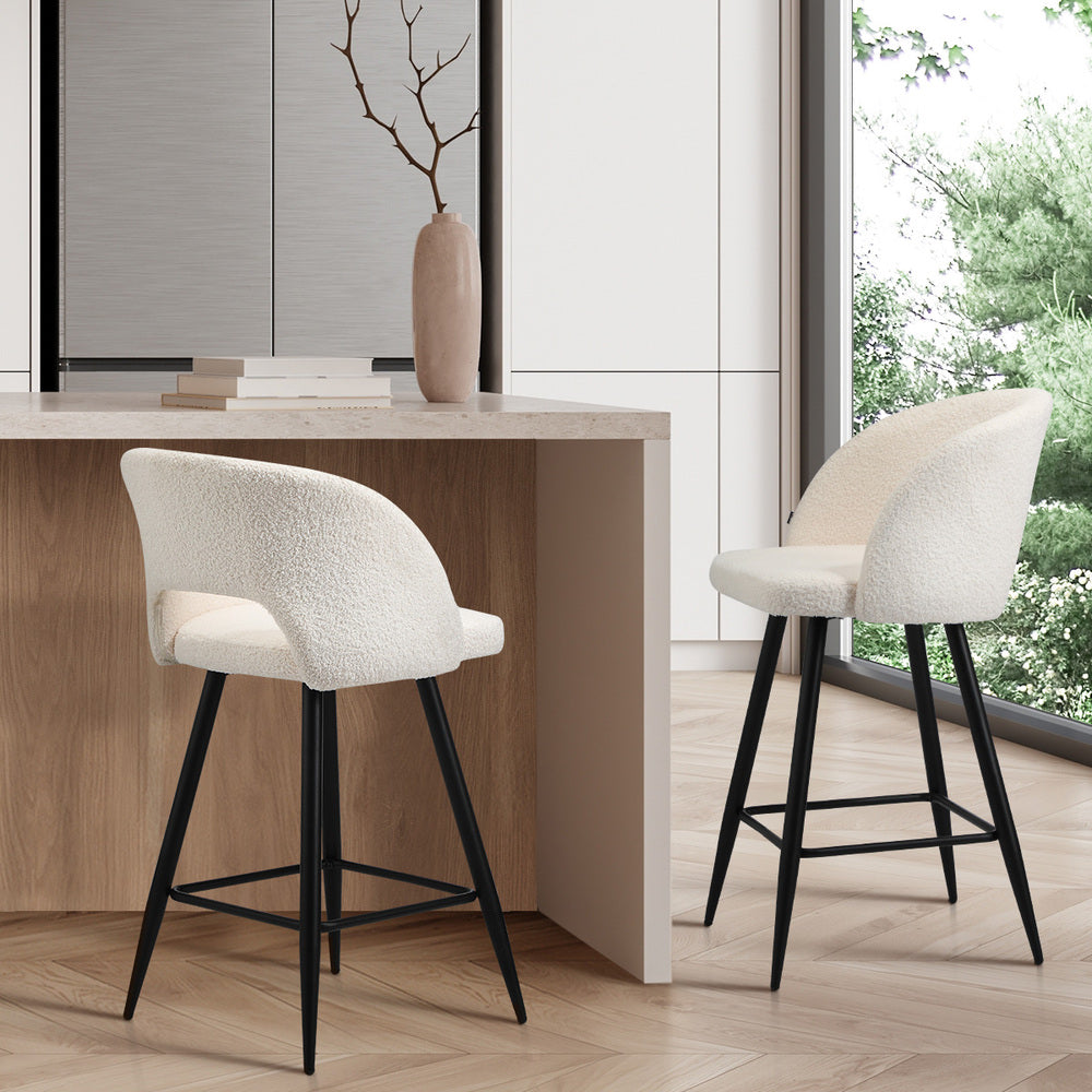 Oikiture 2x Bar Stools Kitchen Dining Chair Boucle White SURA-Bar Stool-PEROZ Accessories