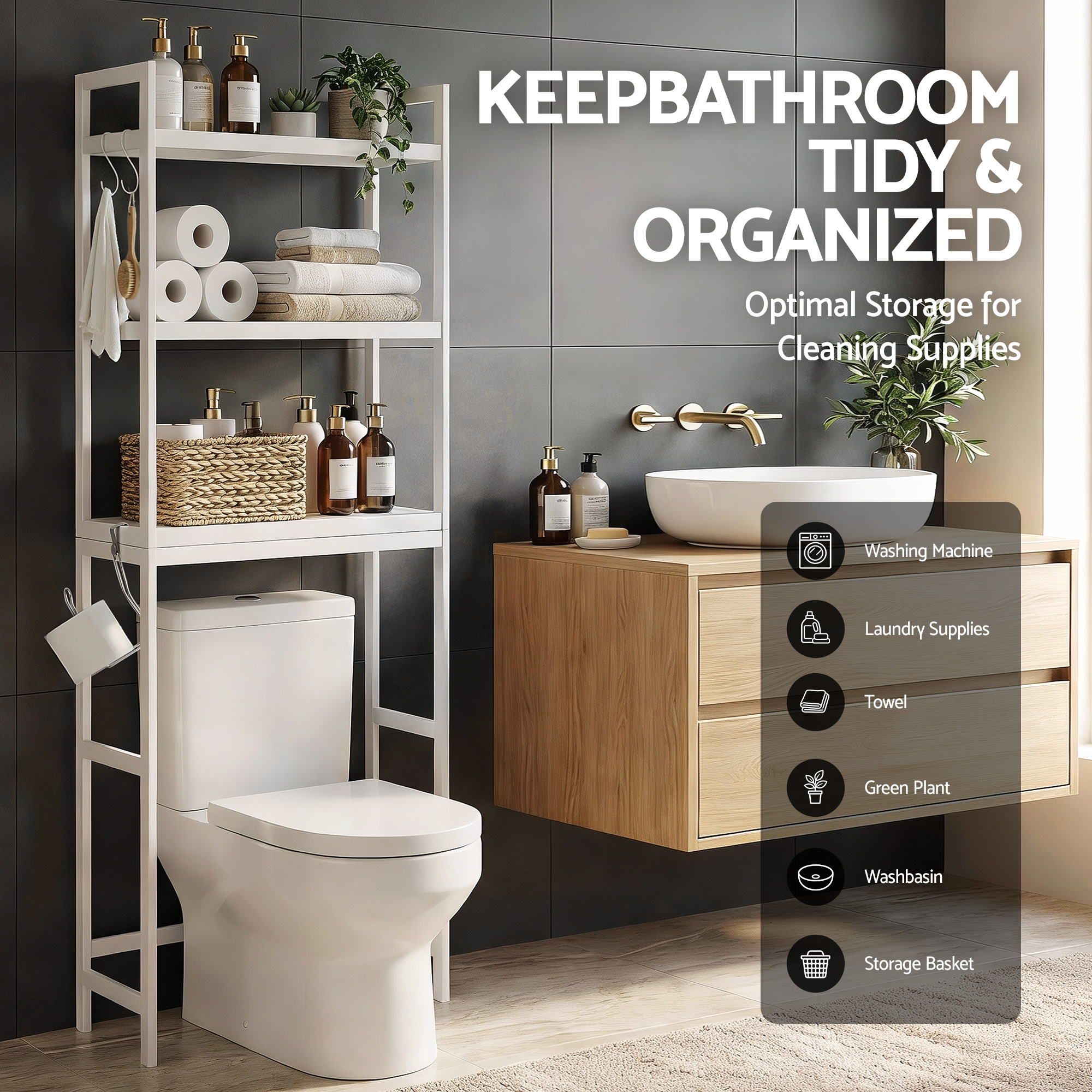 Artiss Over Toilet Storage Bathroom Rack Space Saving 3 Tier Organiser White-Furniture > Bathroom > Bathroom Cabinets, Cupboards &amp; Storage-PEROZ Accessories