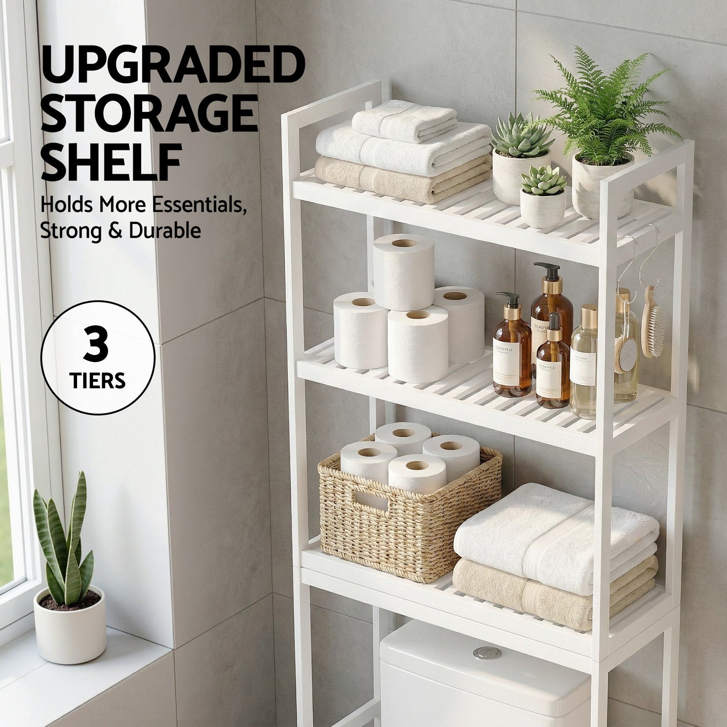 Artiss Over Toilet Storage Bathroom Rack Space Saving 3 Tier Organiser White-Furniture > Bathroom > Bathroom Cabinets, Cupboards &amp; Storage-PEROZ Accessories