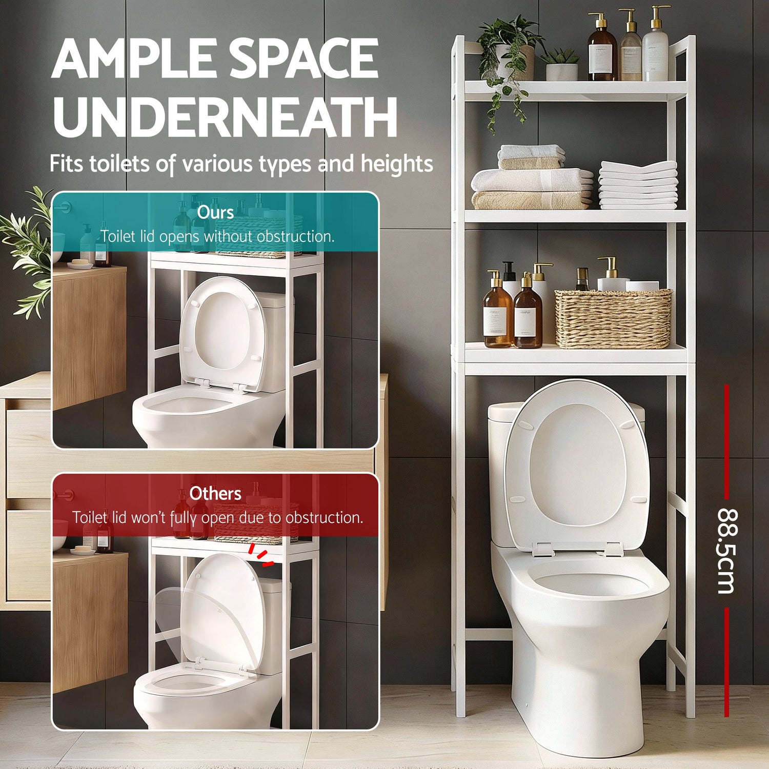 Artiss Over Toilet Storage Bathroom Rack Space Saving 3 Tier Organiser White-Furniture > Bathroom > Bathroom Cabinets, Cupboards &amp; Storage-PEROZ Accessories