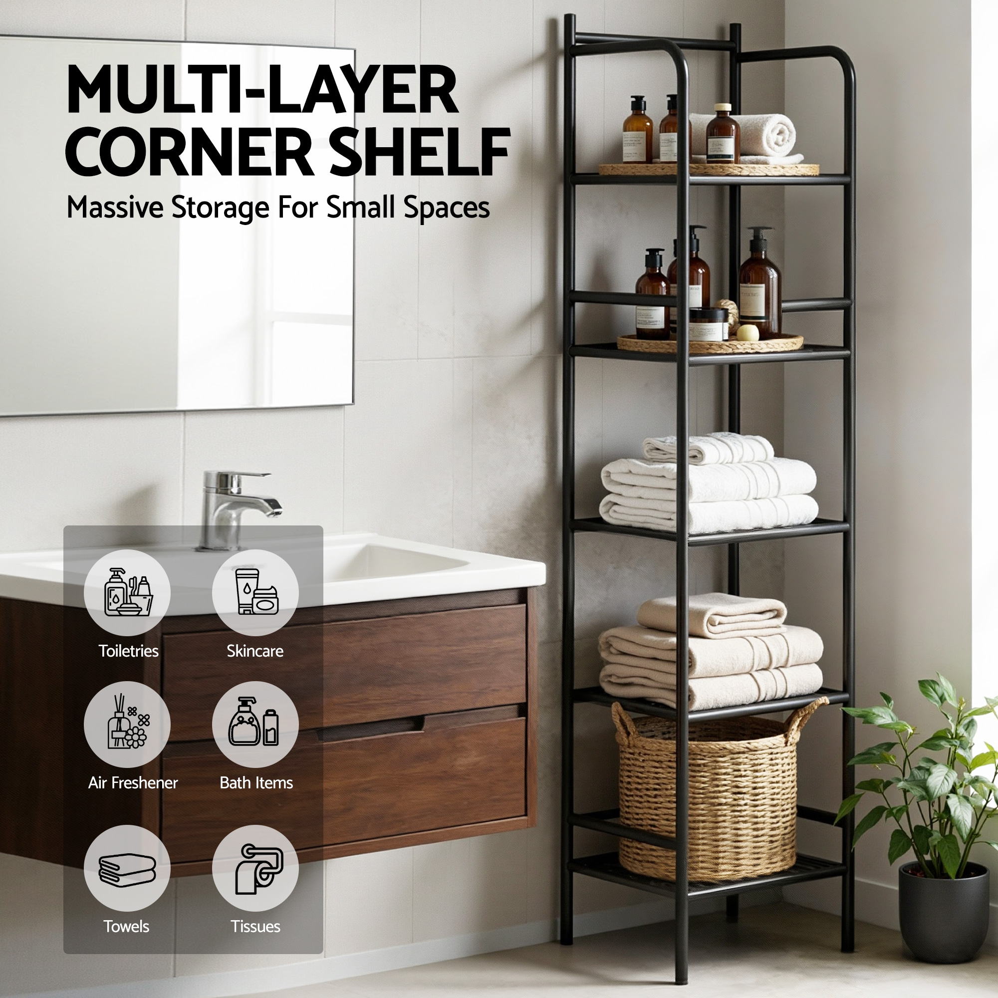 Artiss 5 Tier Floor Standing Corner Shower Caddy Bathroom Organizer Black-Furniture > Bathroom > Bathroom Cabinets, Cupboards &amp; Storage-PEROZ Accessories