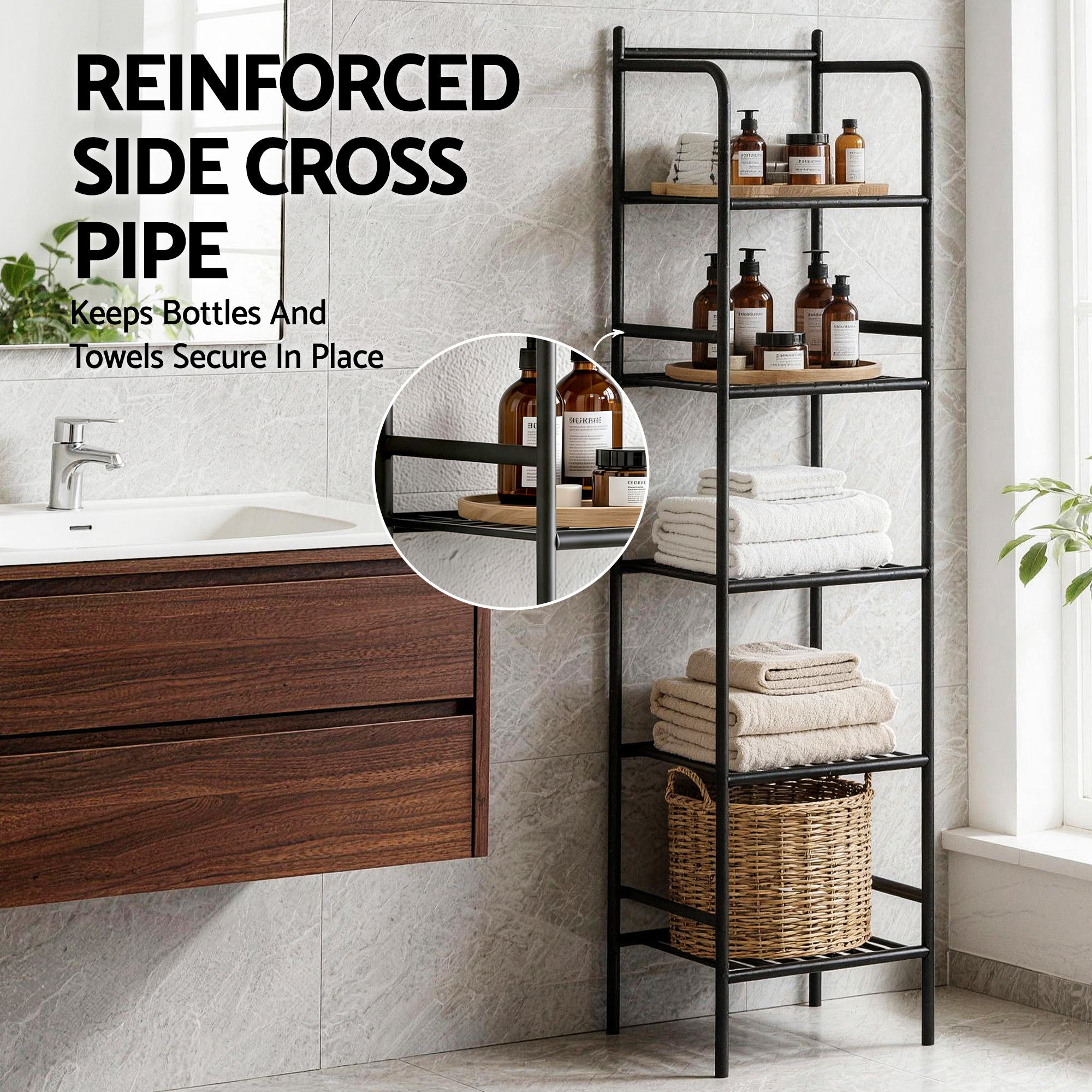 Artiss 5 Tier Floor Standing Corner Shower Caddy Bathroom Organizer Black-Furniture > Bathroom > Bathroom Cabinets, Cupboards &amp; Storage-PEROZ Accessories