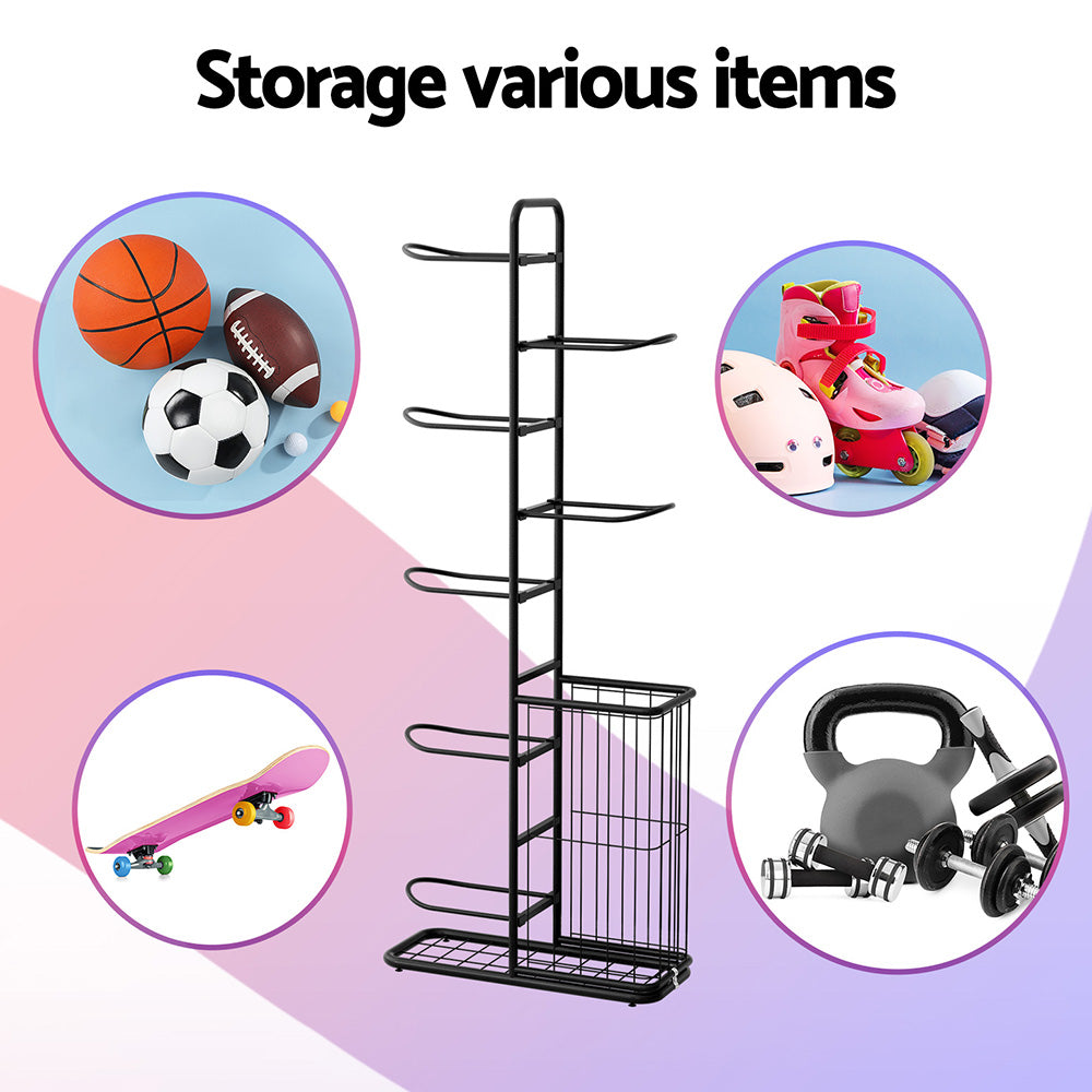 Everfit Ball Storage Rack Sports Equipment Organizer 7-Tier with Basket for Garage Gym Black-Tools &gt; Tools Storage &gt; Wall Storage Racks-PEROZ Accessories