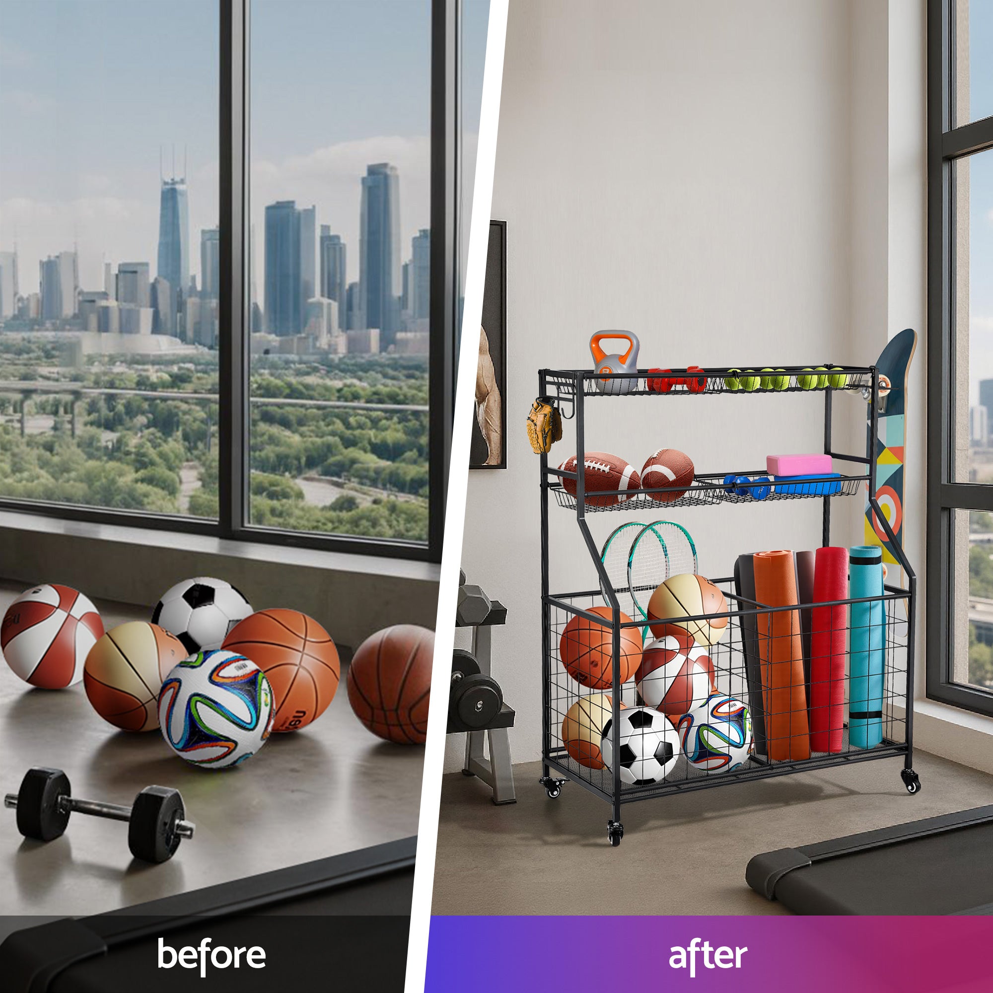 Everfit Sports Equipment Organizer Storage with Wheels Multi-Sport Garage Gym Black-Tools &gt; Tools Storage &gt; Wall Storage Racks-PEROZ Accessories