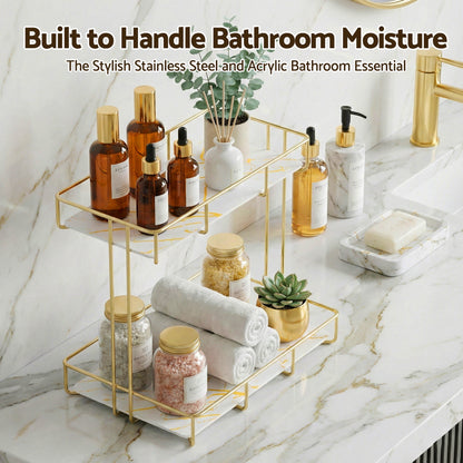 Artiss Bathroom Storage Rack 2 Tier Corner Organiser Gold Marble Look-Furniture > Bathroom > Bathroom Cabinets, Cupboards &amp; Storage-PEROZ Accessories