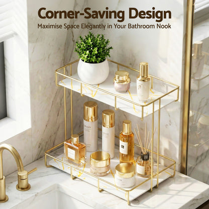Artiss Bathroom Storage Rack 2 Tier Corner Organiser Gold Marble Look-Furniture > Bathroom > Bathroom Cabinets, Cupboards &amp; Storage-PEROZ Accessories