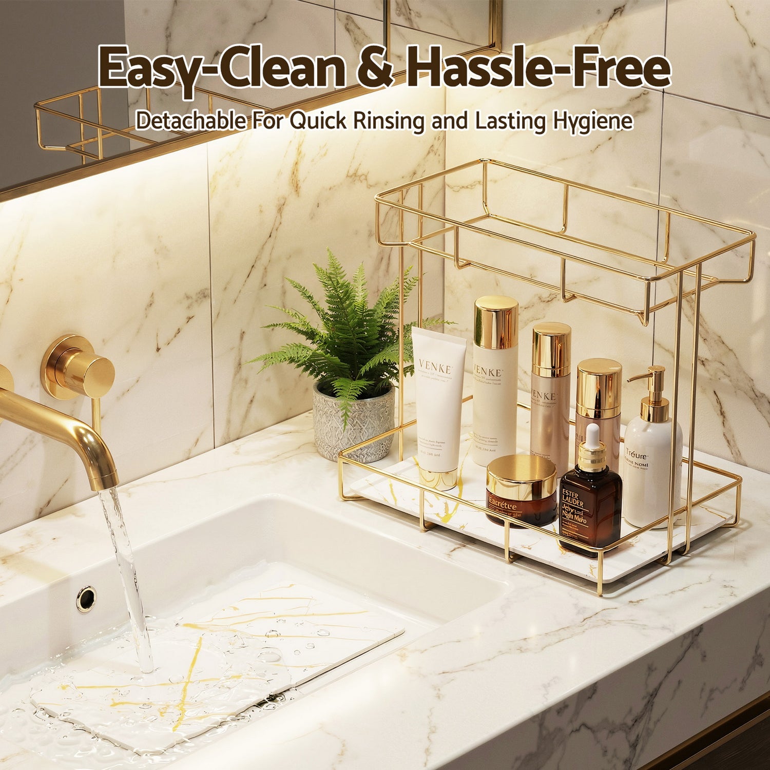 Artiss Bathroom Storage Rack 2 Tier Corner Organiser Gold Marble Look-Furniture > Bathroom > Bathroom Cabinets, Cupboards &amp; Storage-PEROZ Accessories