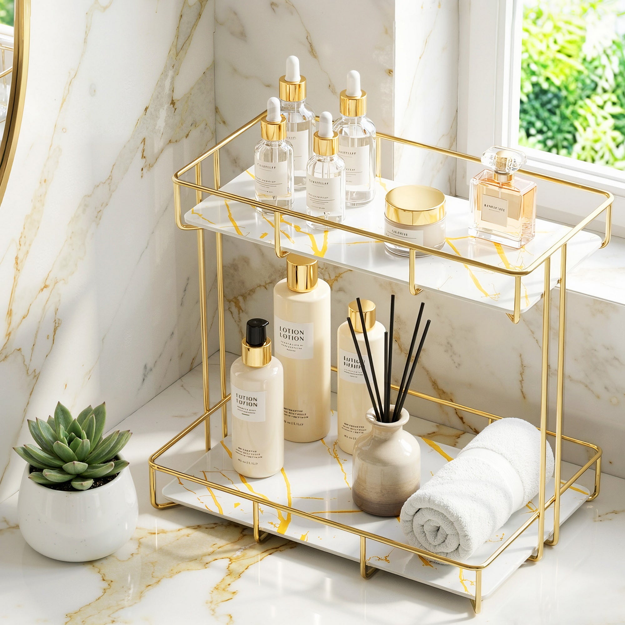 Artiss Bathroom Storage Rack 2 Tier Corner Organiser Gold Marble Look-Furniture > Bathroom > Bathroom Cabinets, Cupboards &amp; Storage-PEROZ Accessories