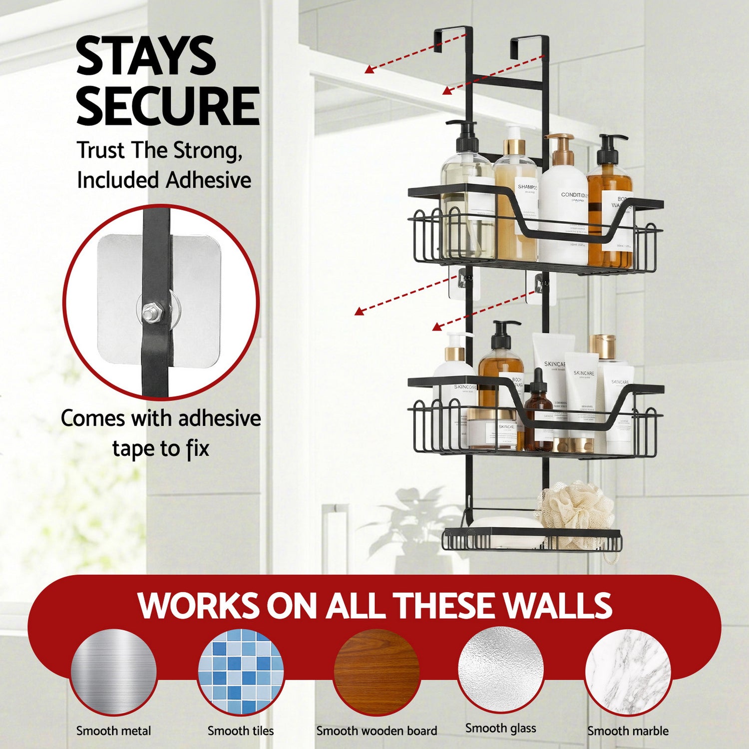 Artiss 3 Tier Over The Door Shower Caddy Hanging Bathroom Storage Organizer-Furniture > Bathroom > Bathroom Cabinets, Cupboards &amp; Storage-PEROZ Accessories