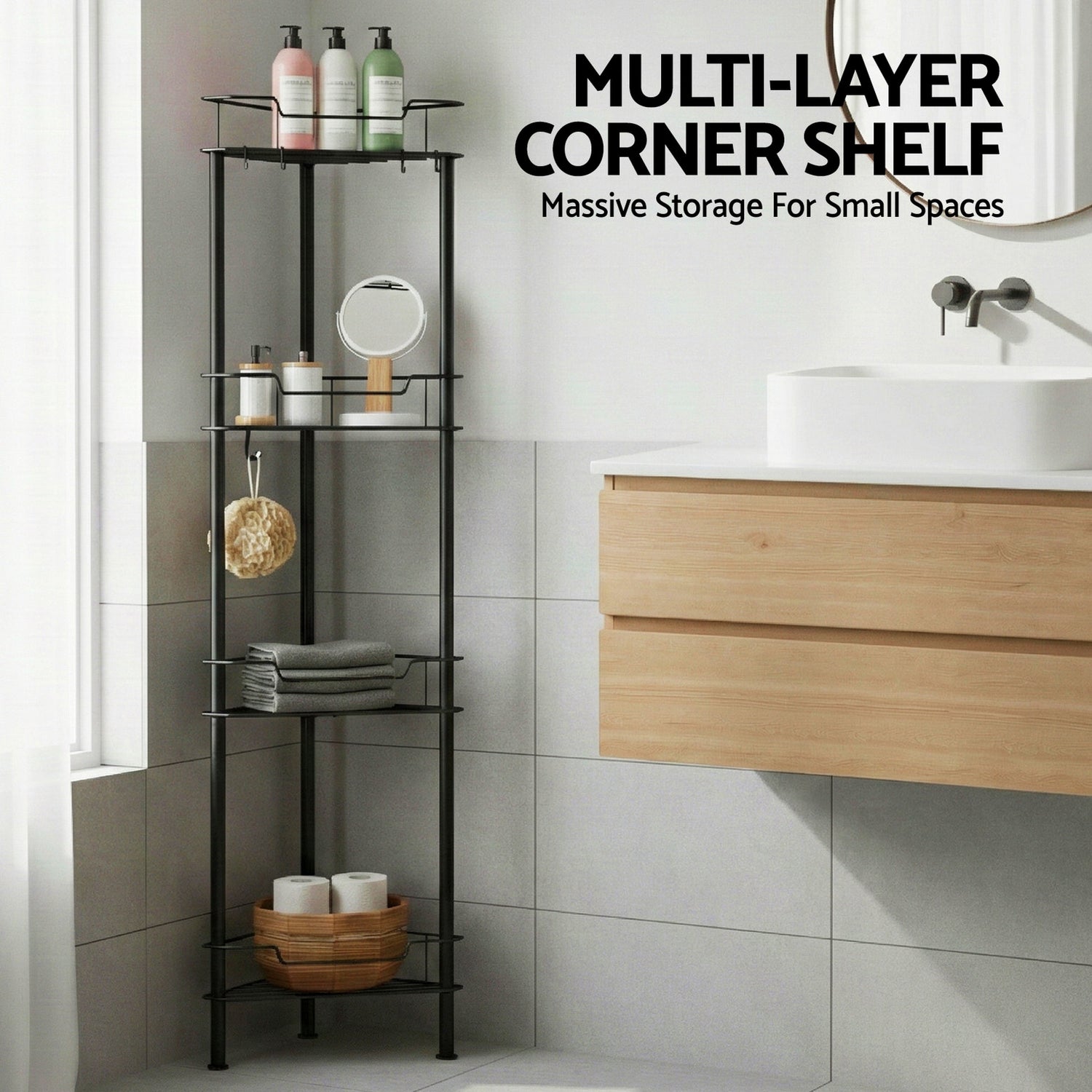 Artiss 4 Tier Floor Standing Corner Shower Caddy Bathroom Organizer Black-Furniture > Bathroom > Bathroom Cabinets, Cupboards &amp; Storage-PEROZ Accessories