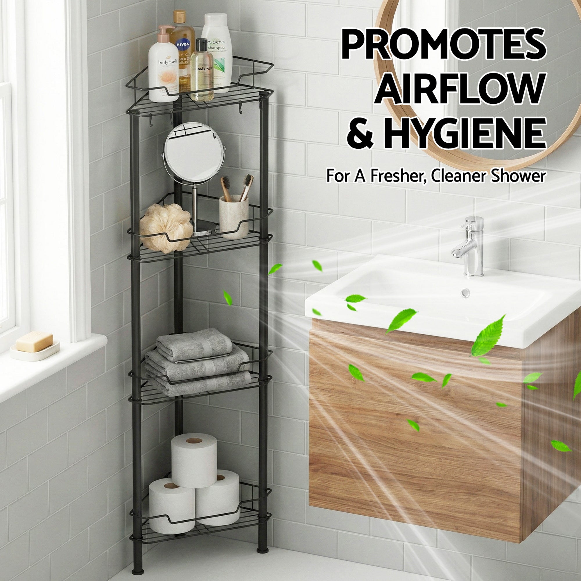 Artiss 4 Tier Floor Standing Corner Shower Caddy Bathroom Organizer Black-Furniture > Bathroom > Bathroom Cabinets, Cupboards &amp; Storage-PEROZ Accessories