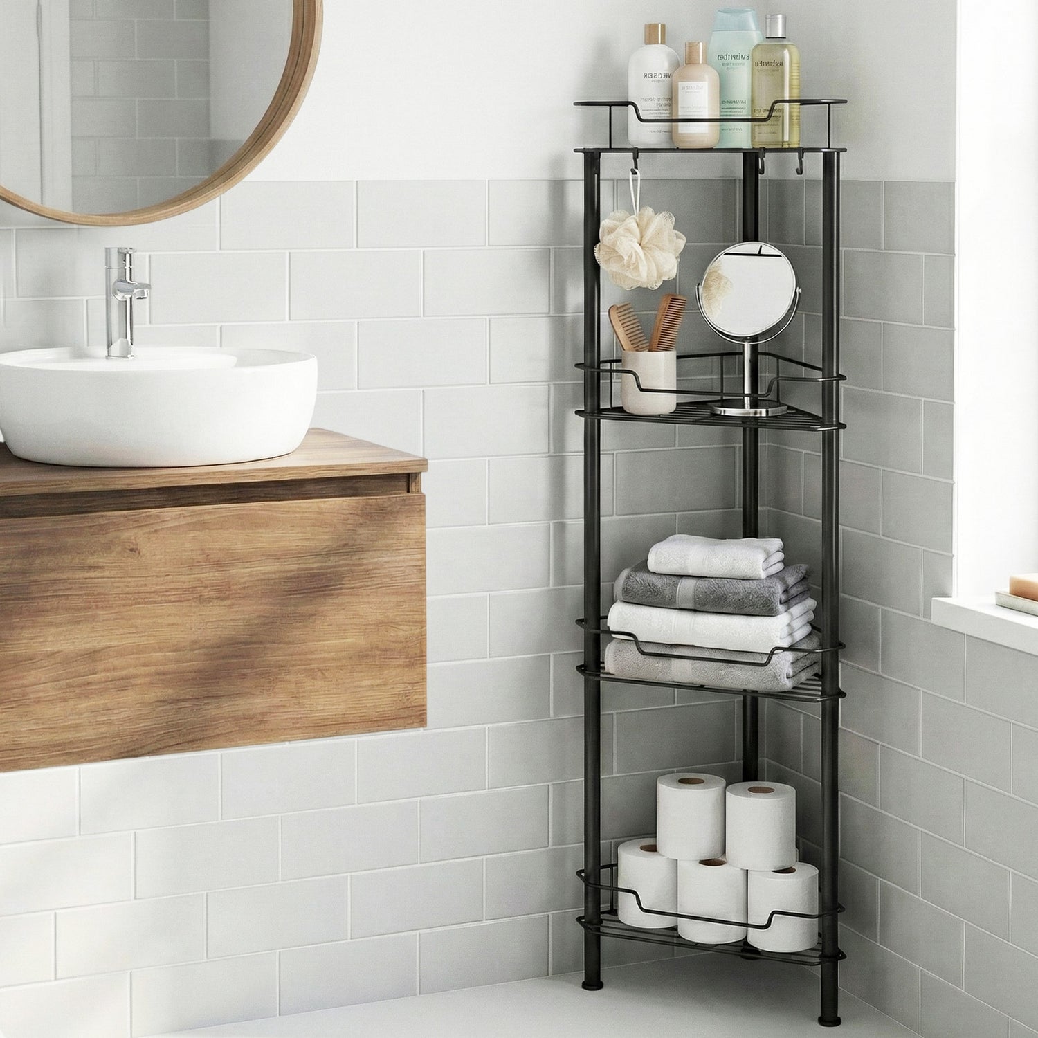 Artiss 4 Tier Floor Standing Corner Shower Caddy Bathroom Organizer Black-Furniture > Bathroom > Bathroom Cabinets, Cupboards &amp; Storage-PEROZ Accessories