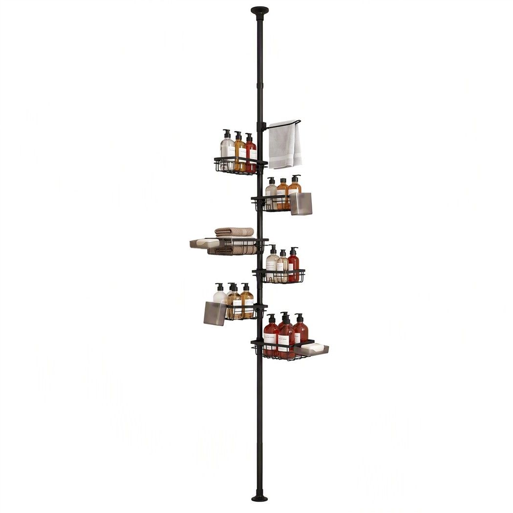 Artiss Tension Pole Shower Caddy Steel Corner Bathroom Shelf Black-Home &amp; Garden > Bathroom Accessories > Bath Caddies-PEROZ Accessories