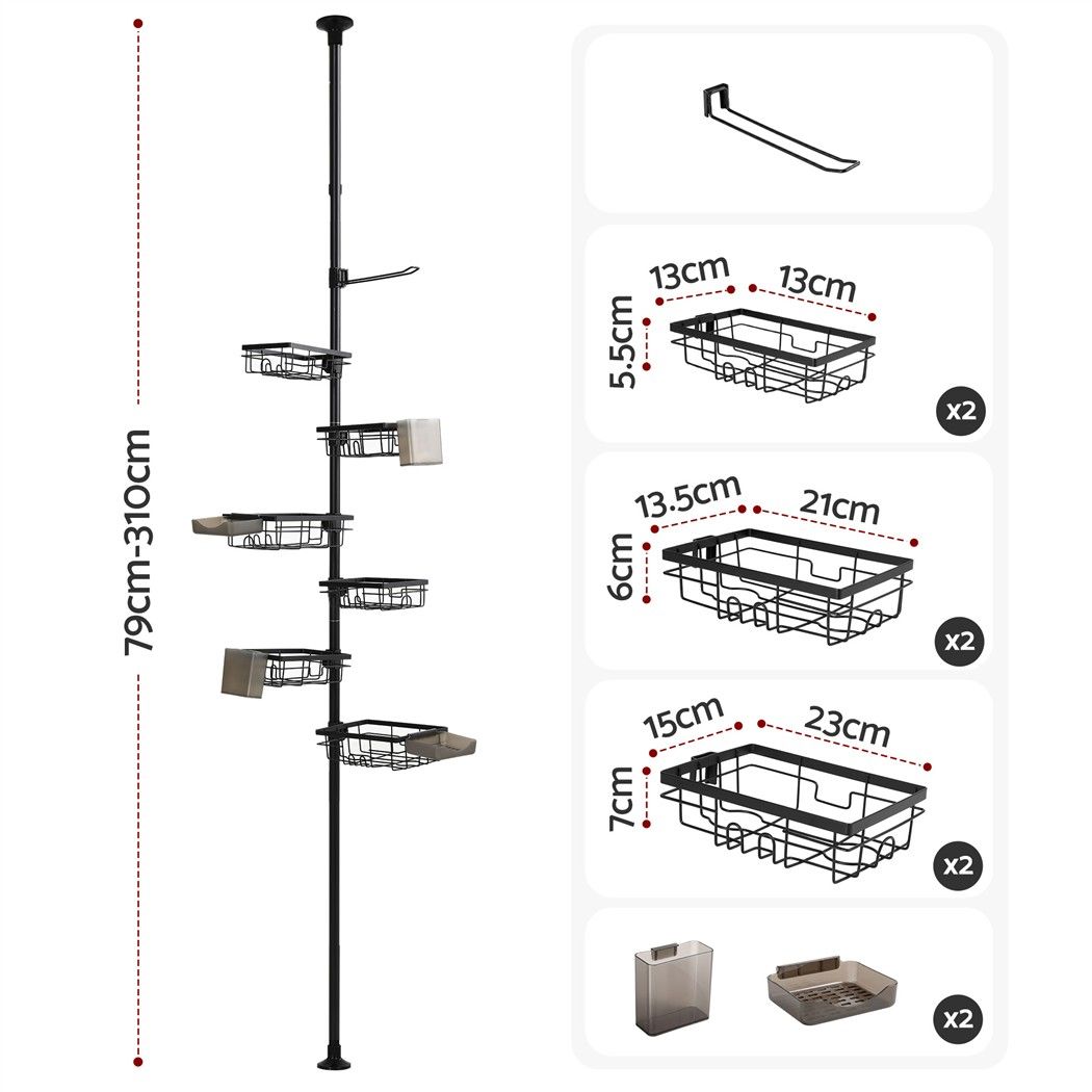Artiss Tension Pole Shower Caddy Steel Corner Bathroom Shelf Black-Home &amp; Garden > Bathroom Accessories > Bath Caddies-PEROZ Accessories