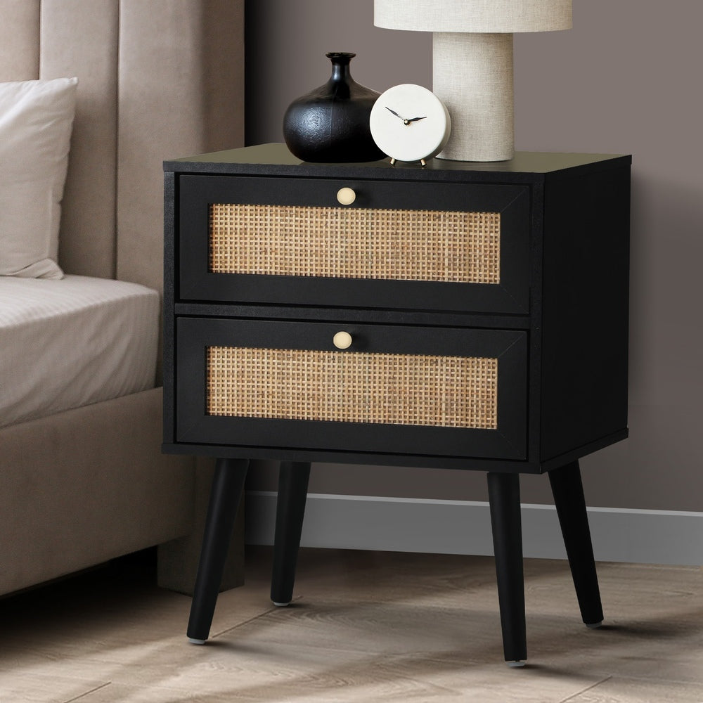 Oikiture Bedside Table 2 Drawers Storage Cabinet Rattan-BedSide Tabless-PEROZ Accessories