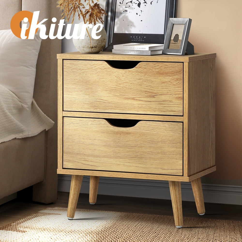 Oikiture Bedside Tables 2 Drawers Side Table Nightstand Storage Cabinet Wood-Bedside Tables-PEROZ Accessories